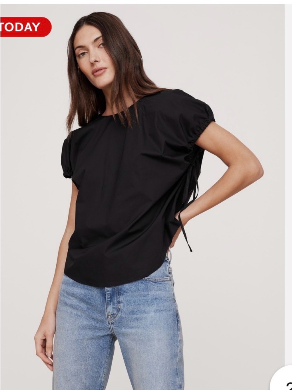 Banana Republic Cotton Poplin Black Short-Sleeve Side-Tie Blouse
